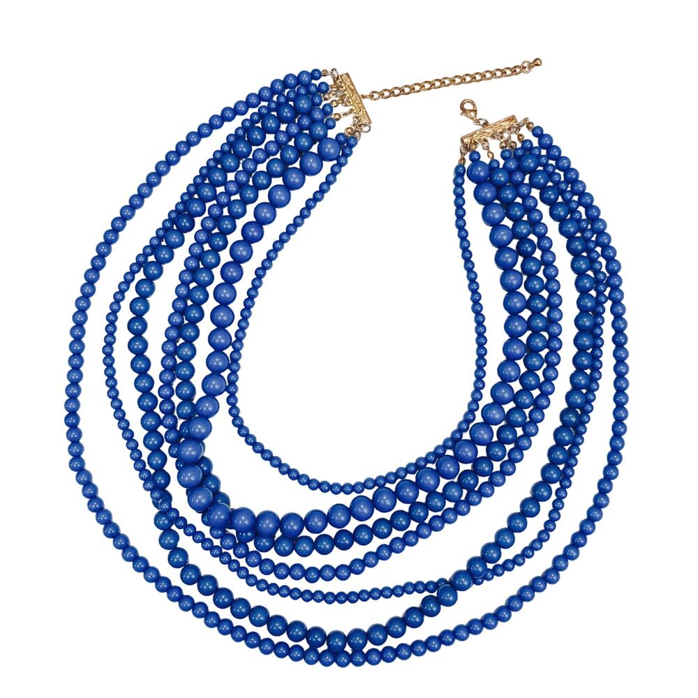 VTG 7 Strand Necklace Bold Retro Boho Blue Acrylic Beads Chunky Statement